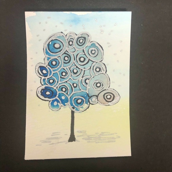Original ACEO Miniature Watercolor Painting Metallic Winter Tree by Hope - Picture 3 of 4